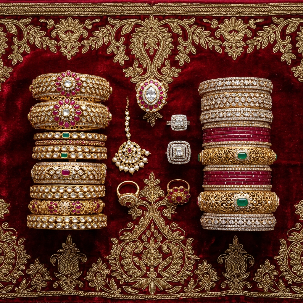 Bridal kangan and rings flat lay
