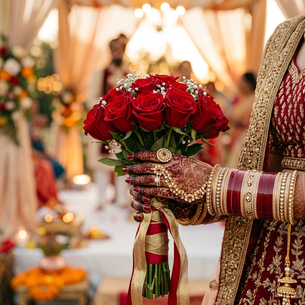 Bride holding roses with chura